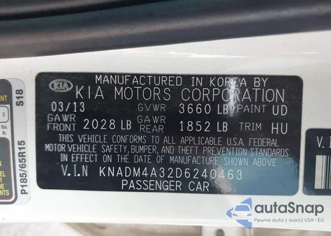 2013 Kia Rio Lx из США, поврежденный, VIN KNADM4A32D6240463